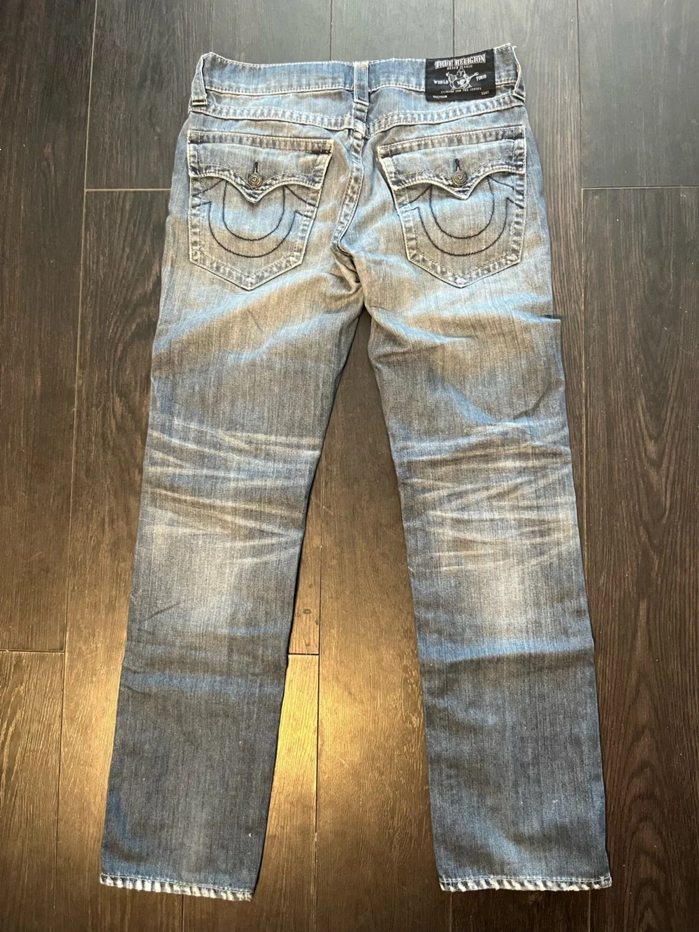 True Religion Men's Distressed Blue Slim Straight Jeans with Red Plaid Insets